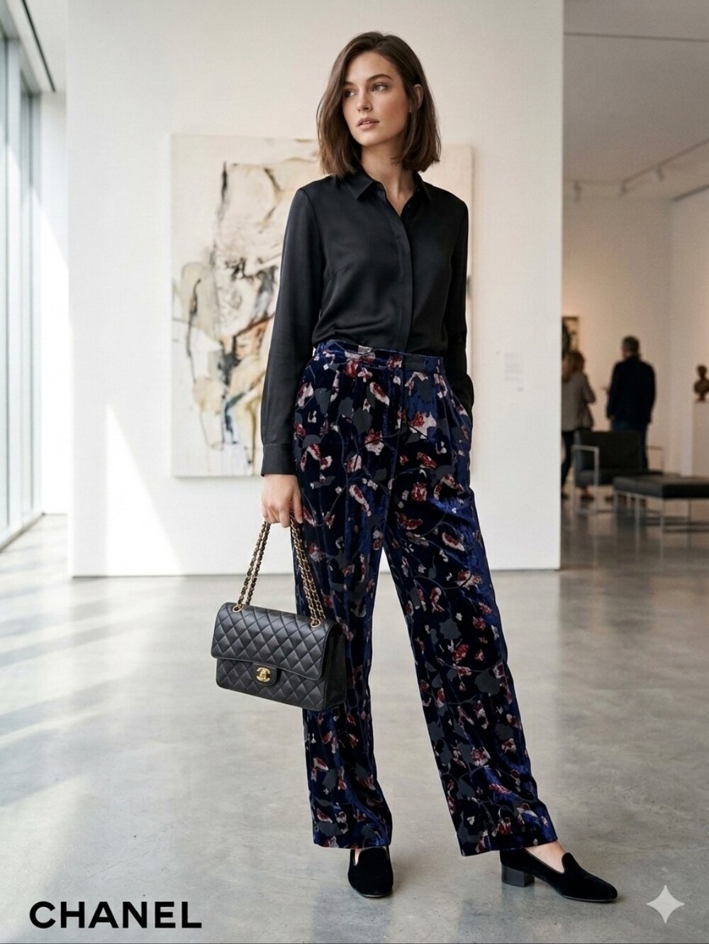 CHANEL Navy Floral Wide Leg Pants